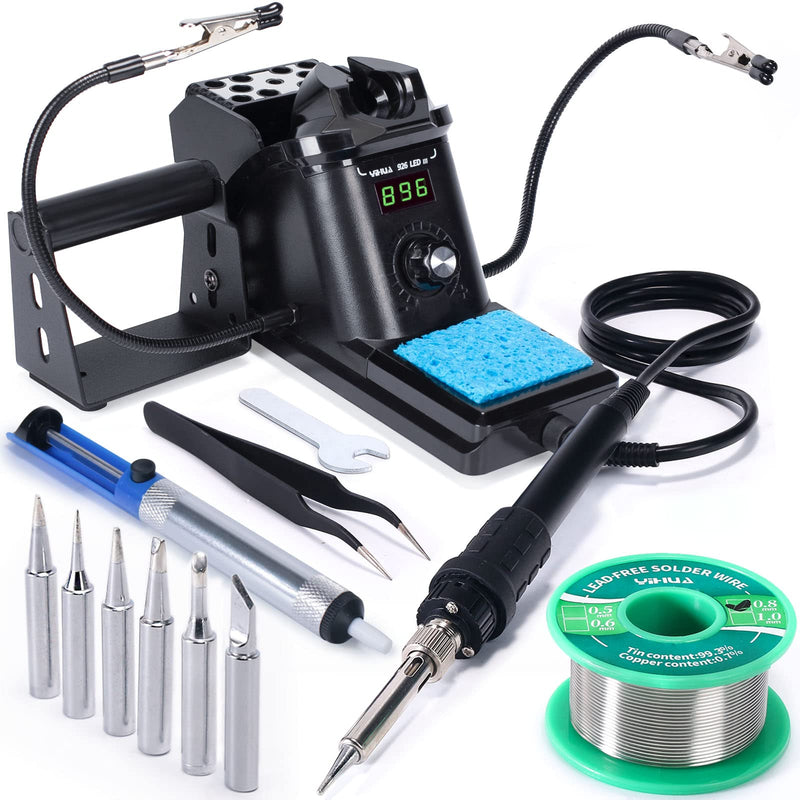 YIHUA 926 III 60W Digital Display Soldering Iron Station Kit w 2 Helping Hands, 6 Extra Iron Tips, Lead-Free Solder, Solder Sucker, S/S Tweezers, °C/ºF Conversion, Auto Sleep & Calibration Support Black