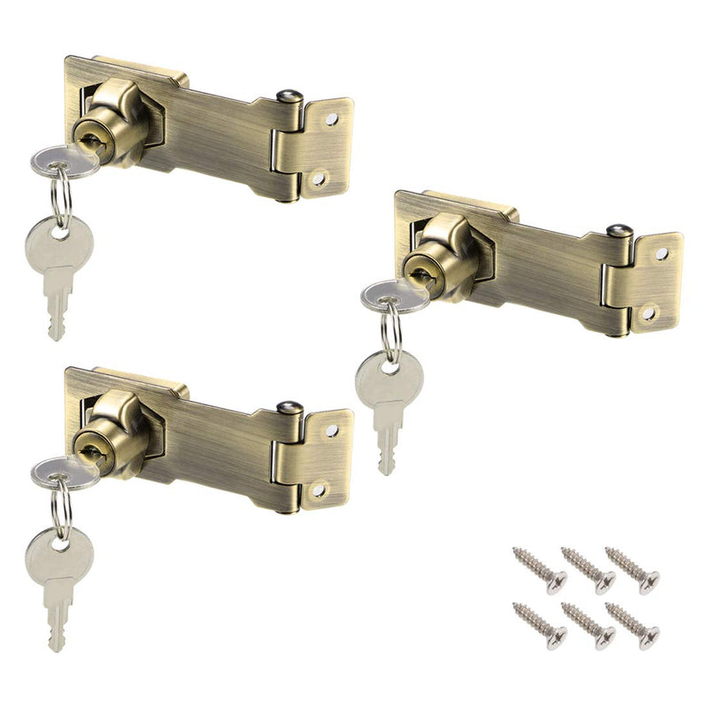 uxcell 3-inch Keyed Hasp Locks Zinc Alloy Twist Knob Keyed Locking Hasp W Screws for Door Cabinet Keyed Alike Bronze Tone 3Pcs 3 Inch