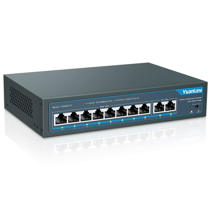 YuanLey 8 Port PoE Switch with 2 Gigabit Uplink, 8 PoE+ Port 100Mbps, 120W 802.3af/at, Extend Function, Metal, Fanless, Unmanaged Plug and Play Network Switch 10 Port | 8*PoE+ (120w)