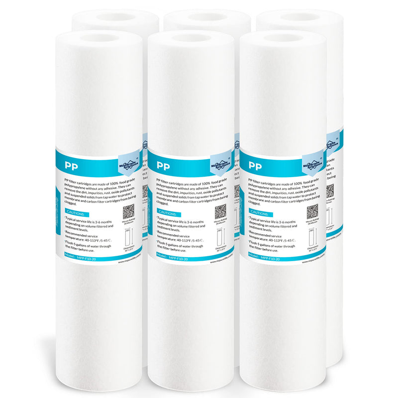 Membrane Solutions 20 Micron 10" x 2.5" Sediment Water Filter Replacement Cartridge for Water Filter 10 x 2.5 inch Whole House Water System, Compatible with GE FXUSC, AP110, WHKF-GD05-6 Pack 6 Count (Pack of 1)