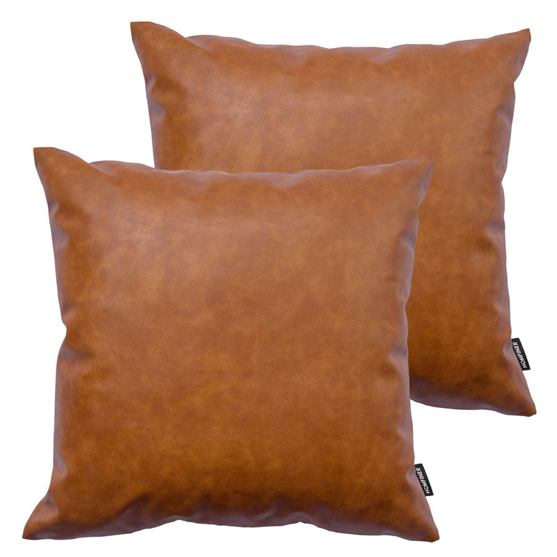 Faux Leather Throw Pillow Covers 16x16 inch, Set of 2 Thick Cognac Brown Modern Boho Farmhouse Decor Small Square Decorative Bedroom Living Room Cushion Cases for Couch Bed Sofa 16" x 16" (Pack of 2)