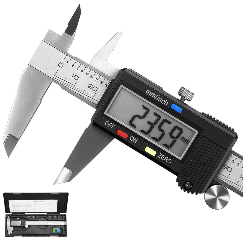 Caliper Measuring Tool, Qfun Vernier Digital Caliper Stainless Steel 6 Inch/150mm, Digital Micrometer Waterproof, Easy Switch from Inch to Millimeter, Large LCD Screen IP54-Black