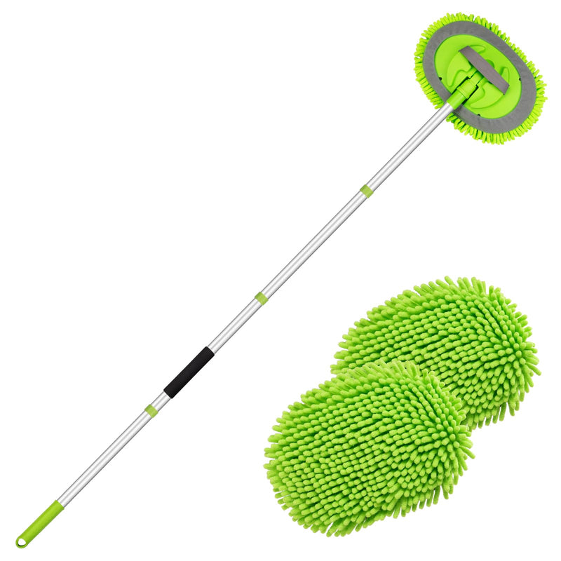 Ordenado 62" Car Wash Brush Kit Mitt Mop Sponge with Long Handle Chenille Microfiber Car Cleaning Brush Kit Supplies Car Washing Mop Kit Car Care Kit of Scratch-Free Replacement Head for Car RV Truck A-green