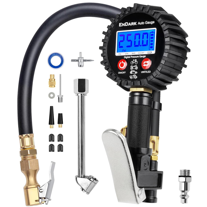 Digital Tire Pressure Gauge with Inflator: ENDARK 250 PSI Air Compressor Attachment Inflation Gun with Heavy Duty 360° Air Chuck & Extended Hose and Quick Connect Coupler