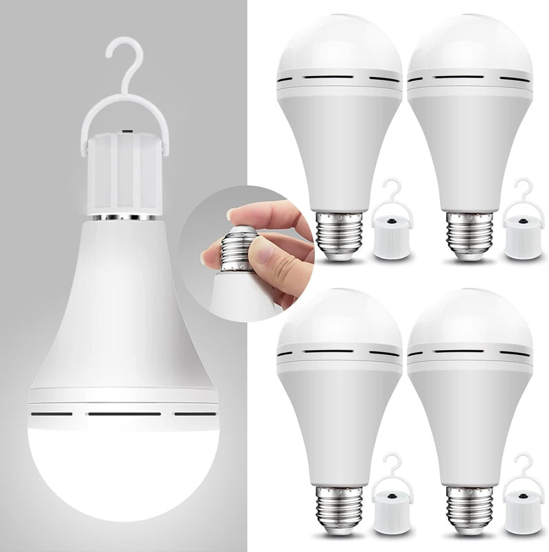 Neporal 4 Pack Emergency-Rechargeable-Light-Bulb, Stay Lights Up When Power Failure, 1500mAh 15W 80W Equivalent LED Light Bulbs for Home, Camping, Tent (E27, with Hook) (Daylight) Daylight 4 Pack 1500mAh