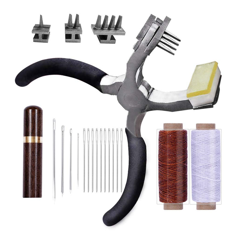 Stitching Hole Punch BUTUZE,4mm Silent Leather Hand Pliers with Leather Needle,Wooden Needle Case,Waxed Thread for Belts, Straps, Saddles, Shoes, Fabric, Leather DIY Black