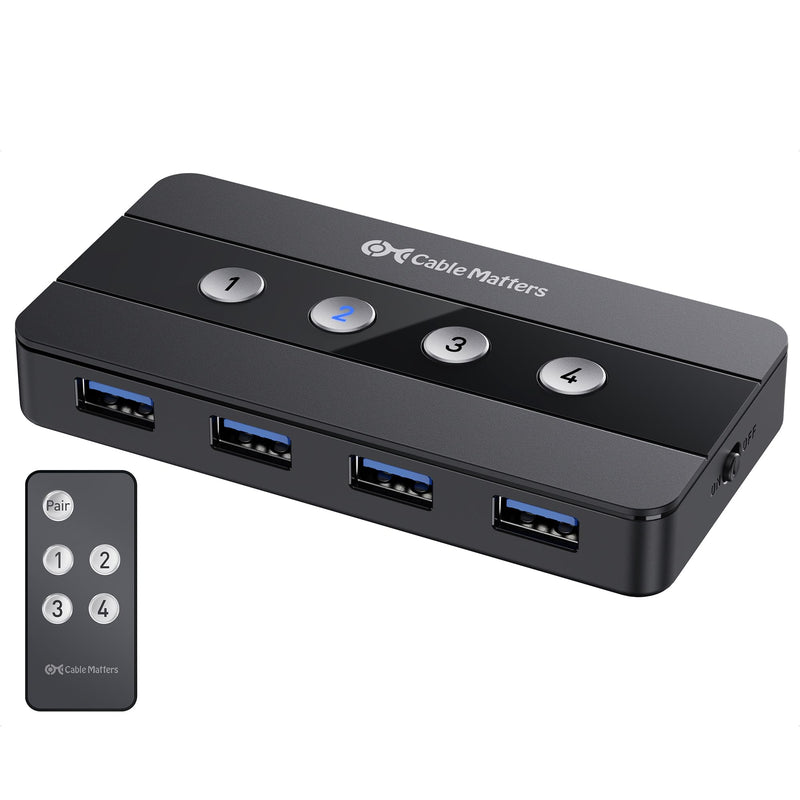 Cable Matters 4 Port USB 3.0 Switch USB Sharing Switch for 4 Computers and USBA Peripherals - Button or Wireless Remote Control Switching - Includes a USBC Adapter for USBC USB4 and Thunderbolt 4
