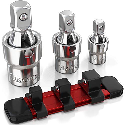 Olsa Tools Universal Joint Set - 3 Pc 1/2",3/8" & 1/4" Drive - Swivel U-Joint Socket Kit with Aluminum Rail - Ball and Angle Socket Adapters - Part 1243 1/4, 3/8 & 1/2" Drive Regular