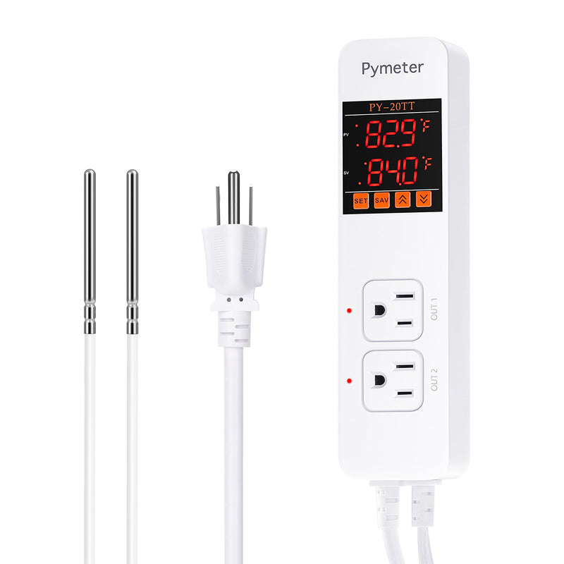 Digital Temperature Controller Dual Probe Reptile Thermostat Controlled Outlet for Terrarium Heat Mat Heating Pad, Switch Cooling Fan Freezer Fridge ON & Off at Setpoints 10A 1200W PY-20TT-10A