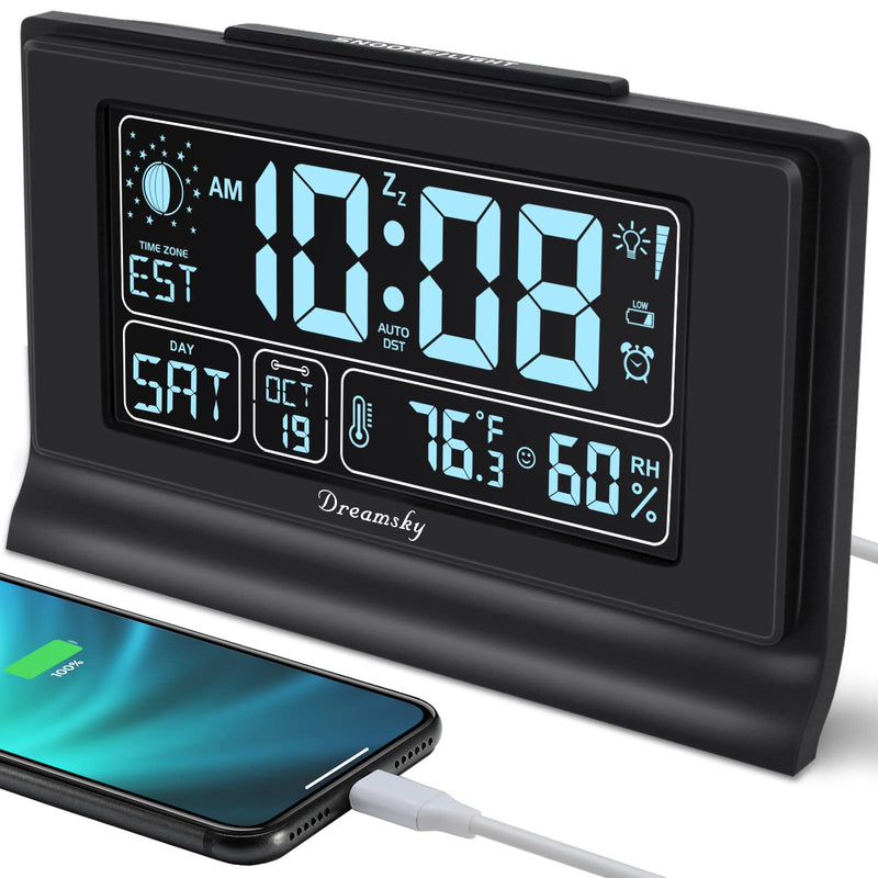 DreamSky Alarm Clocks for Bedrooms with Battery Backup, Auto Set Digital Clock with Date and Day of Week, Indoor Temperature Humidity, Moon Phase, Dimmer, Auto DST, USB Port Black-humidity & Moon Phase
