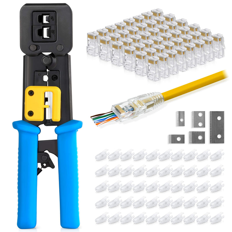 Everest Media Solutions RJ45 Crimp Tool Kit, with 50 Cat6 Pass Through Connectors and 50 Strain Relief Boots + Extra Blades - EZ Cut, Strip, Crimp Ethernet Cables - Professional Network Crimping Tool w/ Cat6 Plugs & Boots