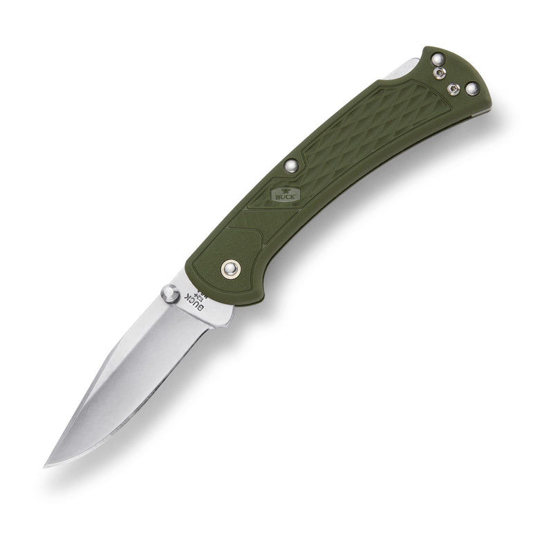 Buck Knives 112 Slim Select Folding EDC Knife, 3” Pocket Knife Blade, Nylon Handle, 420HC Stainless Steel Modified Clip Point Folding Blade, Made in the USA, O. D. Green, 2.5 oz O.D. Green