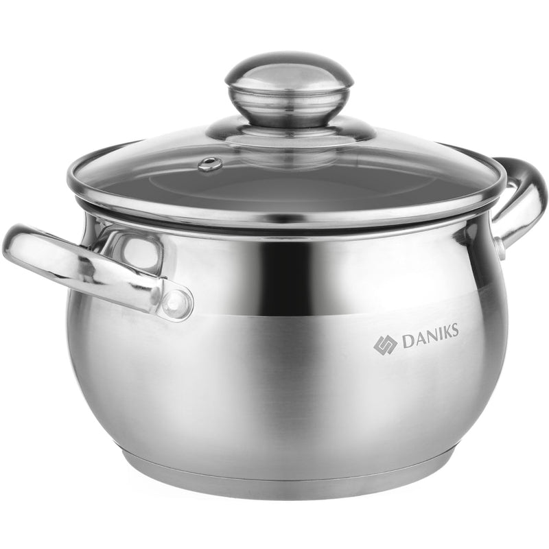 Daniks Classic 2 Quart Stainless Steel Stock Pot with Glass Lid, Tri-Ply Bottom for Even Heating, Induction Compatible, Dishwasher Safe 2 QT