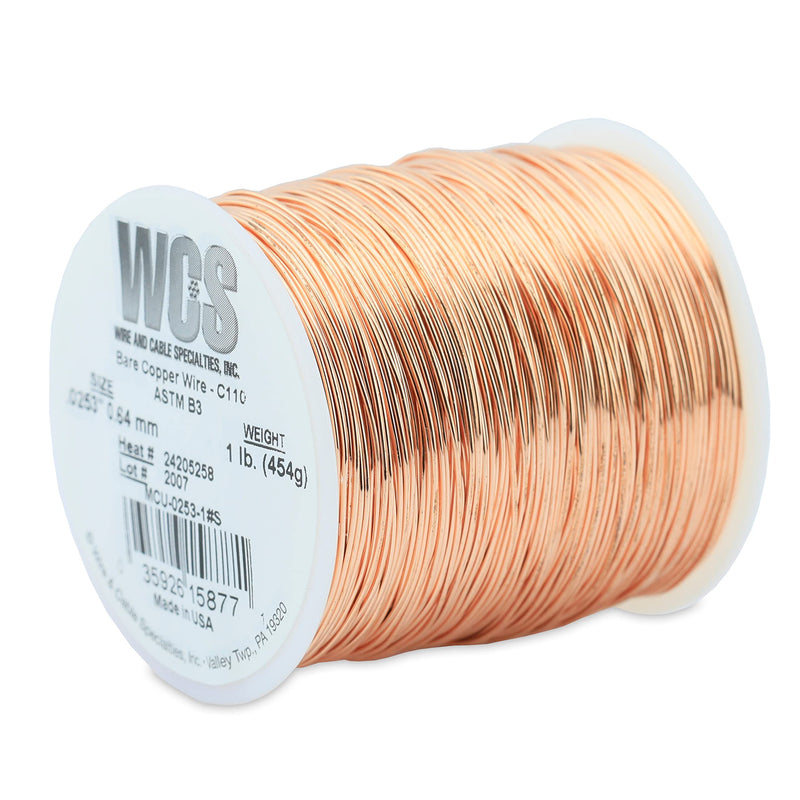 WCS Bare Copper Safety Lock Wire | 22 Gauge C110 Soft Temper | ASTM B3 Fastener Locking Wire for Securing Bolts Under Vibration | 1 lb Spool Approx. 513 ft .0253 in (0.644 mm)