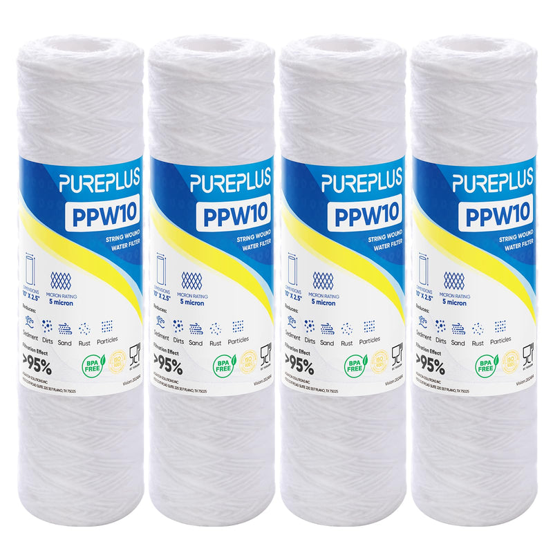 PUREPLUS 5 Micron 10"x2.5" Whole House String Wound Sediment Filter for Well Water, Replacement Cartridge for Universal 10 inch RO System, WP-5, Aqua-Pure AP110, CFS110, Culligan P5, WFPFC4002, 4Pack 10"*2.5" 4 Count (Pack of 1)
