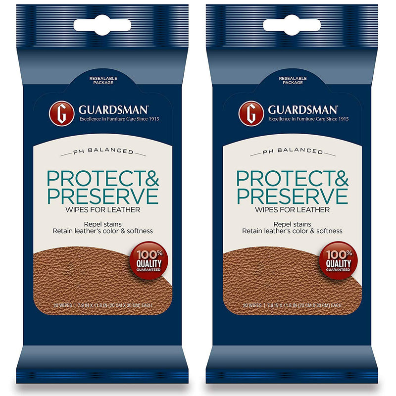Guardsman Protect & Preserve Wipes for Leather 20 Wipes - Repels Stains, Retains Color and Softness, Great for Leather Furniture & Car Interiors - 2 Pack
