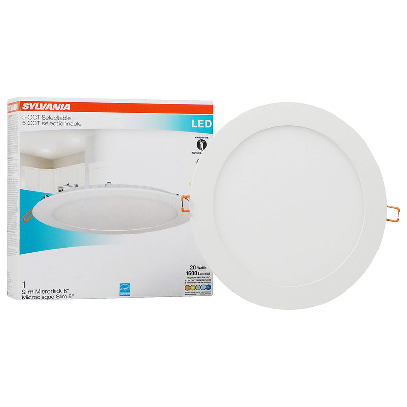 Sylvania 8" Slim Microdisk Recessed LED Downlight Kit, Dimmable, 20W, 5 CCT Color Selectable (2700K/ 3000K/ 3500K/ 4000K/ 5000K), Wet Rated, 90 CRI - 1 Pack (61407) 5cct in One (2700k/3000k/3500k/4000k/5000k) 1 Count (Pack of 1)
