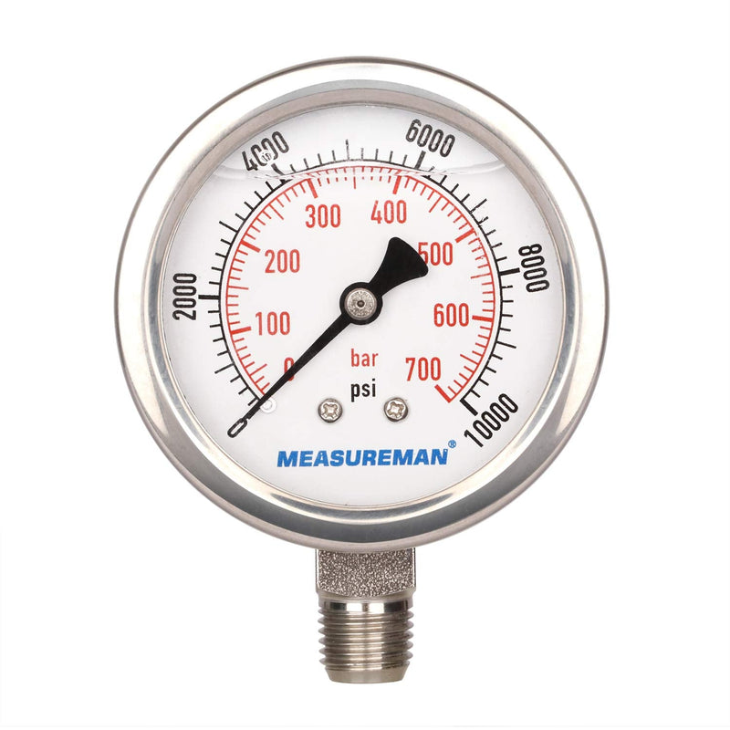 MEASUREMAN 2-1/2" dial,Glycerin Filled Hydraulics Pressure Gauge Stainless Steel case, 316 SS Wetted Part, 0-10000psi/bar1/4 NPT,Lower Mount 0-10000 psi Lower Mount(100% Stainless Steel)