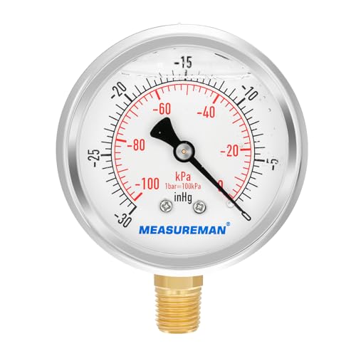 MEASUREMAN 2-1/2" dial,Glycerin Filled, Stainless Steel case, Brass Inside, 30inHg/-100kpa-0,1/4" NPT Lower Mount -14.7-0 psi