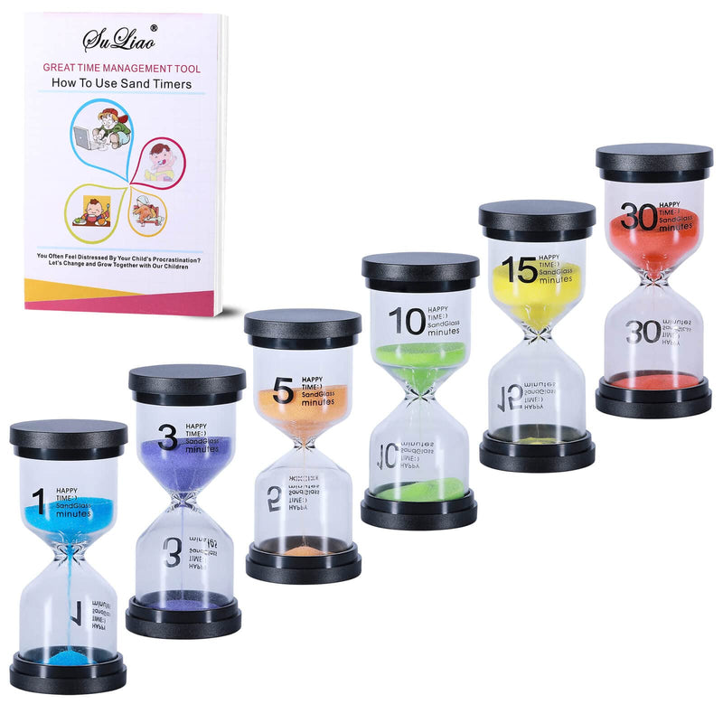Hourglass Sand Timers 1/3/5/10/15/30 Minutes, Colorful Sand Clock for Kids, Mini Plastic Sand Watch for Games Classroom, Small Glass Sandglass Timer Set (Pack of 6) 1/3/5/10/15/30 min Blue/Purple/Orange/Green/Yellow/Red