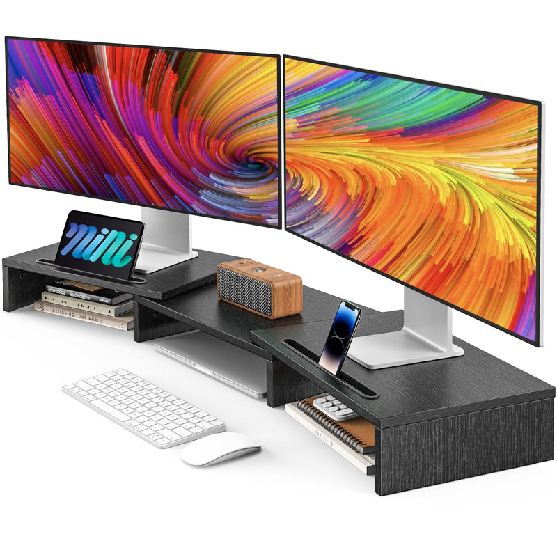 AMERIERGO Dual Monitor Stand Riser for 2 Monitors, Monitor Stand for Desk, Adjustable Computer Monitor Stand with 2 Slot, Multifunctional Desktop Organizer Stand for Laptop, PC, Computer, Printer Black