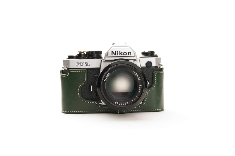 FM3A Case, BolinUS Handmade Genuine Real Leather Half Camera Case Bag Cover for Nikon FM3A Camera with Hand Strap (Green) Green
