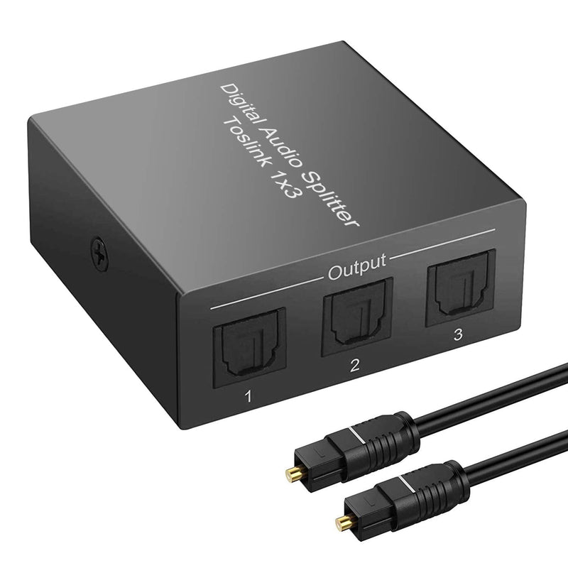 3 Port Toslink Splitter with Optical Cable (1 In 3 Out) Premium Quality Digital Optical Audio Splitter Aluminum Alloy SPDIF Toslink Fiber Audio Splitter Support Dolby Digital DTS 5.1 PCM Stereo LPCM Optical Splitter 1 in 3 Out