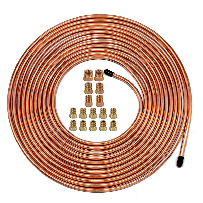 MuHize Upgraded Brake Line Tubing Kit - 25 Ft. of 3/16 Copper Coated Flexible Tube, Roll 25 ft 3/16" (Includes 16 Fittings) Gold