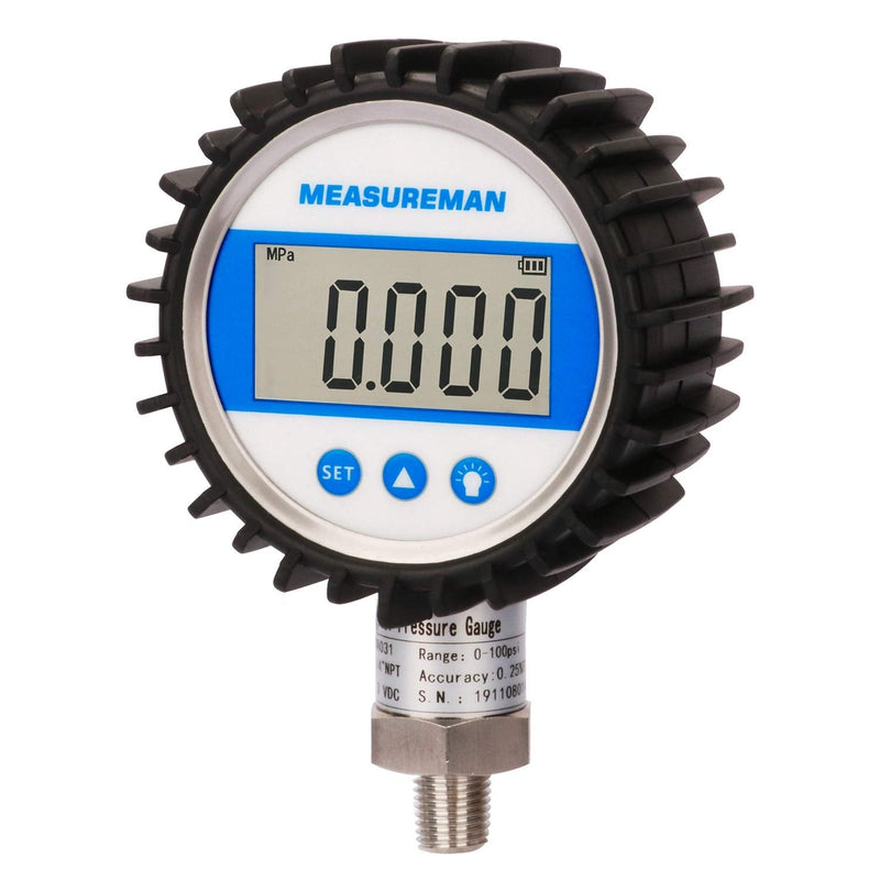 MEASUREMAN 3-1/8" Dial Size, Digital Pressure Gauge, 0-5000psi/bar/Mpa/Kpa, 1/4" NPT Lower Mount, 0.25% Accuracy