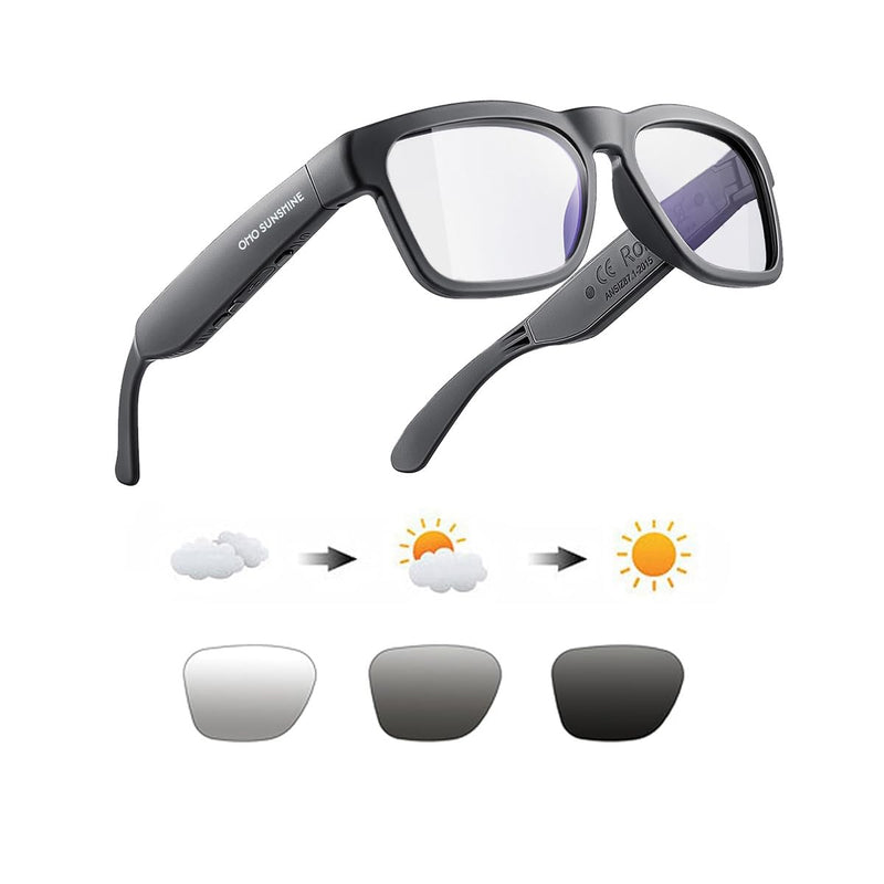 OhO Smart Glasses,Polarized Sunglasses with Bluetooth Speaker,Athletic/Outdoor UV Protection and Voice Control,Unisex(Transitional Blue Light Lens) Black-blue Light &Transitional Lens