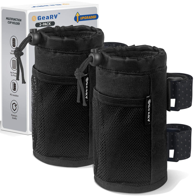 GEARV 2Pack Cup Holder for Bike, Scooter and Wheelchair, Water Bottle Holder for UTV/ATV, Walker, Golf Cart and Beach, Universal Drink Holder Accessories with Net Pocket and Cord Lock (Black) Black