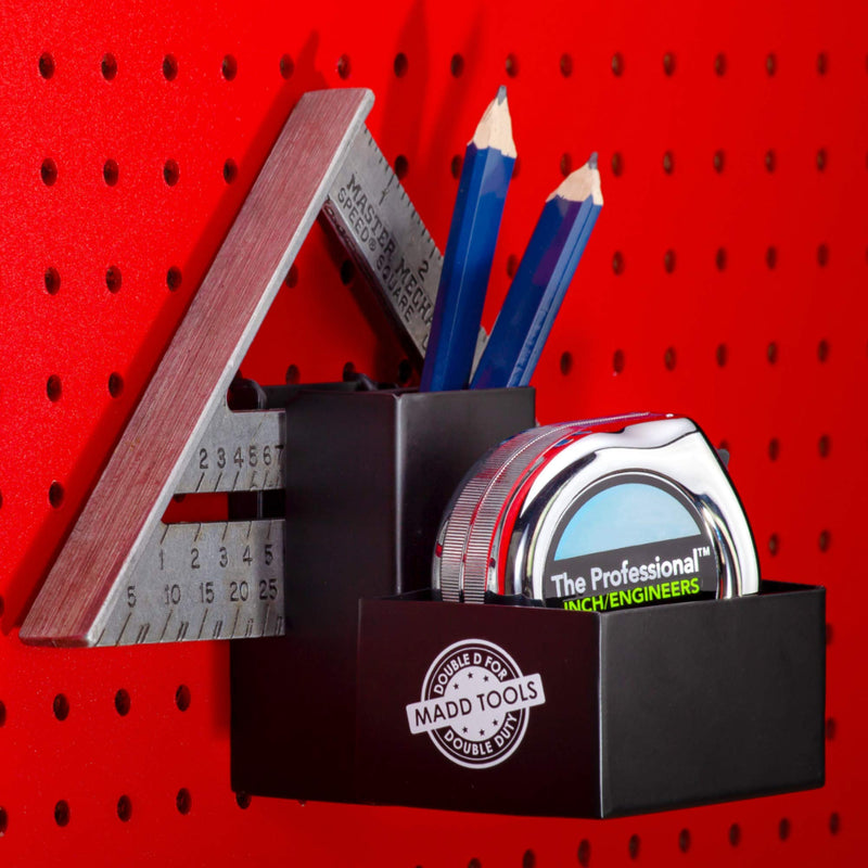 Tape Measure Holder for Pegboard - Includes Pencil Box and Carpenter Square Triangle Holder – Black Pegboard Organizer Accessories with Heavy Duty Peg Board Hooks - 16 Gauge Steel