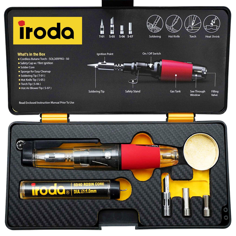 IRODA Wireless Butane Soldering Iron Kit | 4-in-1 Cordless 30-70W Pro Grade | 18s Heat-Up Multi-Function Heat Tool with Case & Tips | Pro-50K
