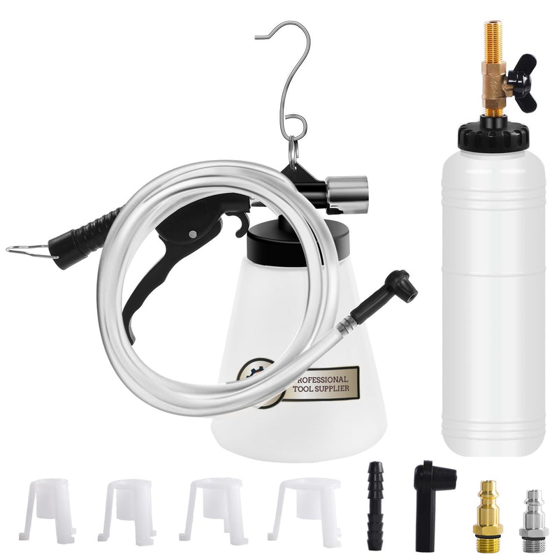 Pneumatic Vacuum Brake and Clutch Fluid Bleeder Tool Kit, Car Truck Motorcycle Brake Oil Change Set with Extractor and Refill Bottle, 4 Master Cylinder Adapters, 2 Air Quick Plugs