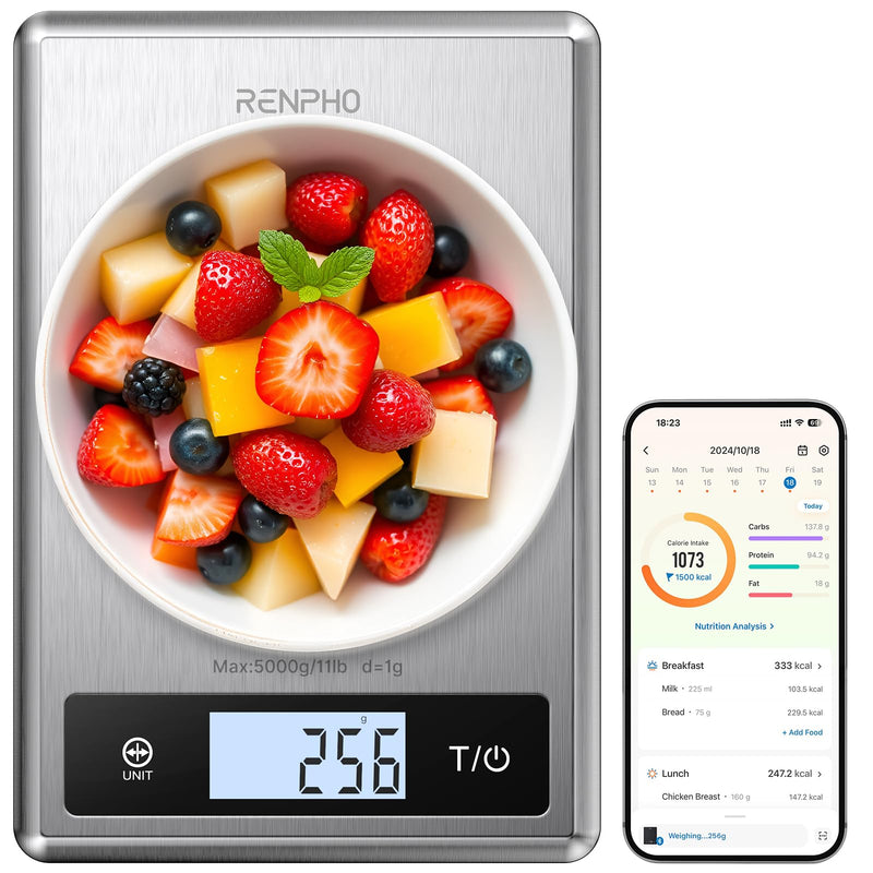 RENPHO Digital Food Scale with Nutritional Calculator, Smart Food Kitchen Scale, Food Weight Scale Grams and Ounces for Weight Loss, Calorie, Macro and Cooking, Stainless Steel