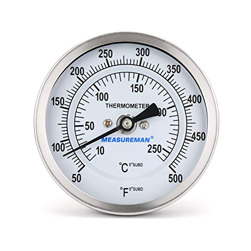 Measureman Fully Stainless Steel Bimetal Dial Thermometer, 3" Dial, 2-1/2" Stem, 50-500 deg F/10-260 deg C, -1% Accuracy, Adjustable, 1/2" NPT Back Mount