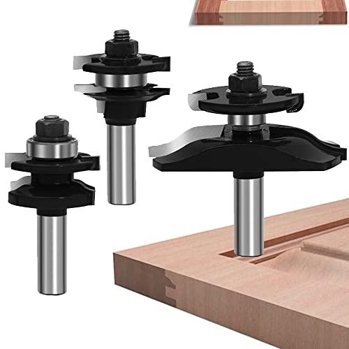 TAIWAIN Router Bit Set 1/2 Inch Shank 3PCS Raised Panel Wood Milling Cutter Rail &Stile Woodworking Miter Carbide CNC Cutting Tool for Cabinet Drawer Door Surfacing Router Bits Sets(RD-B) 28