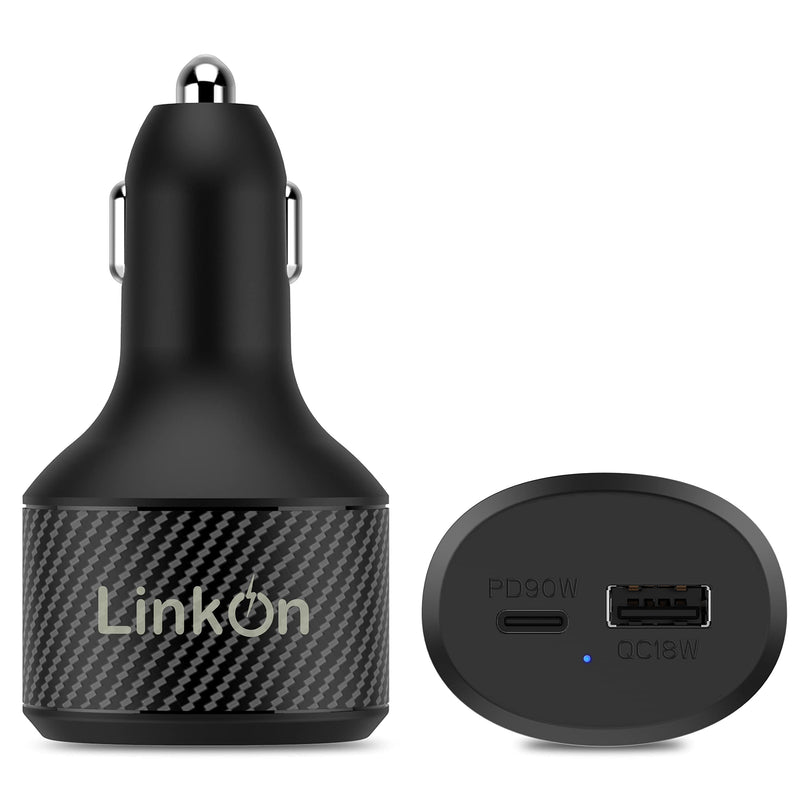 LinkOn 112W USB C Car Charger PD 3.0 (90W) PPS + USB A QC 3.0 (18W) – Fast Dual Port Car Adapter Compatible with MacBook, Dell, HP, iPad, iPhone 15/16, Galaxy S23/S24, Pixel, and More Carb-112W