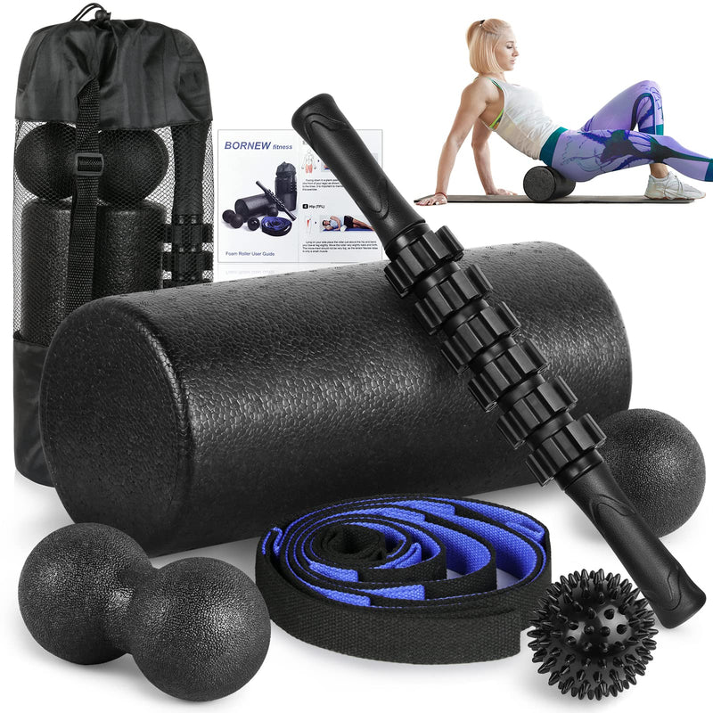 Foam Roller Set - High Density Back Roller, Muscle Roller Stick,2 Foot Fasciitis Ball, Stretching Strap, Massager Ball for Whole Body Physical Therapy & Exercise, Yoga, Back Pain, Leg, Deep Tissue 12-inch Foam Roller