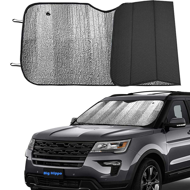 Big Hippo Front Car Sun Shade Windshield, Jumbo/Standard Sunshade Keeps Vehicle Cool UV Ray Sun Visor Protector Sunshades - Easy to Use Folding Sun Shade - Silver/Black Sides(Size: 55.16 X 27.5inch) black Black-55.16 x 27.5 inches