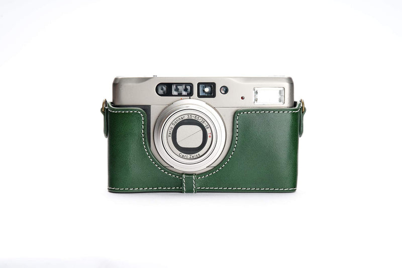 Contax TVS II Case, BolinUS Handmade Genuine Real Leather Half Camera Case Bag Cover for Contax TVS II Camera with Hand Strap (Green) Green