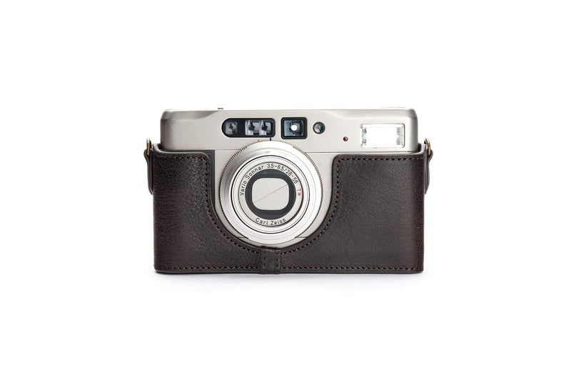 Contax TVS II Case, BolinUS Handmade Genuine Real Leather Half Camera Case Bag Cover for Contax TVS II Camera with Hand Strap (Coffee) Coffee