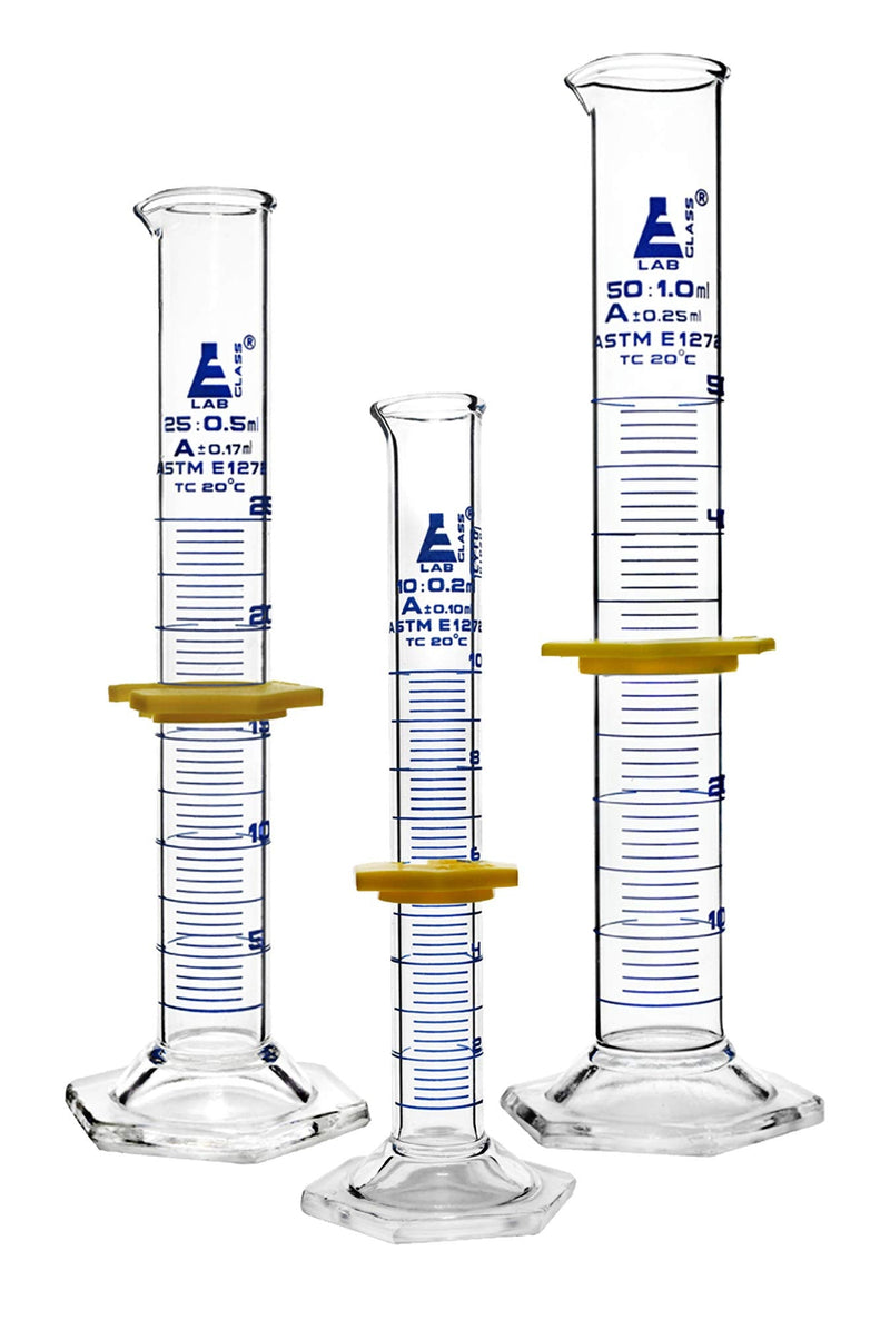 EISCO Premium Graduated Cylinder Set - 10mL, 25mL & 50mL - ASTM, Class A - Protective Collars, Hexagonal Base - Blue Graduations - Borosilicate 3.3 Glass