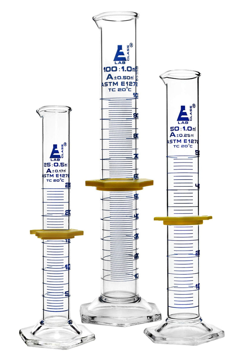 EISCO Premium Graduated Cylinder Set - 25mL, 50mL & 100mL - ASTM, Class A - Protective Collars, Hexagonal Base - Blue Graduations - Borosilicate 3.3 Glass