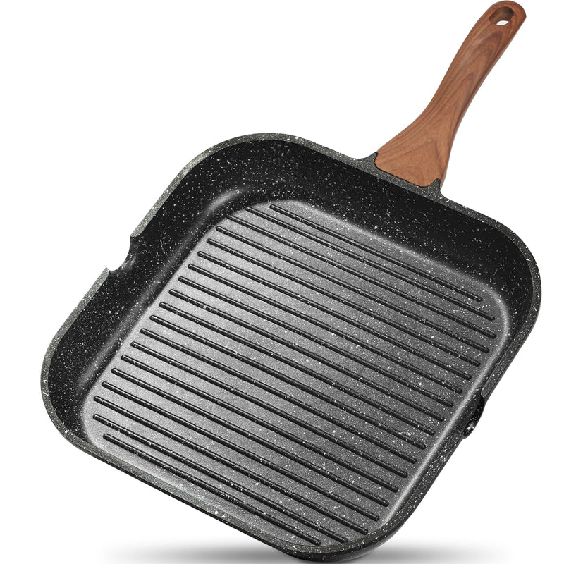 ESLITE LIFE Nonstick Grill Pan for Stove Tops, Versatile Griddle with Pour Spouts, 9.5 Inch Square Big Grilling Skillet Steak Pan for Indoor & Outdoor Cooking, PTFE & PFOA Free, Black 9.5" w/No Accessories