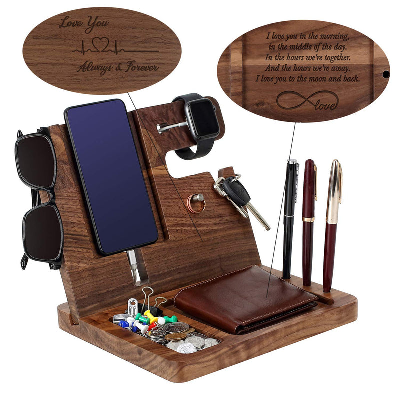 Wooden Phone Docking Station for Men - Engraved Nightstand Organizer, Phone Holder, Key, Wallet, Watch Stand, Christmas, Anniversary, Birthday Gifts for Boyfriend, Husband(Walnut) Brown Ebony Wood For Husband