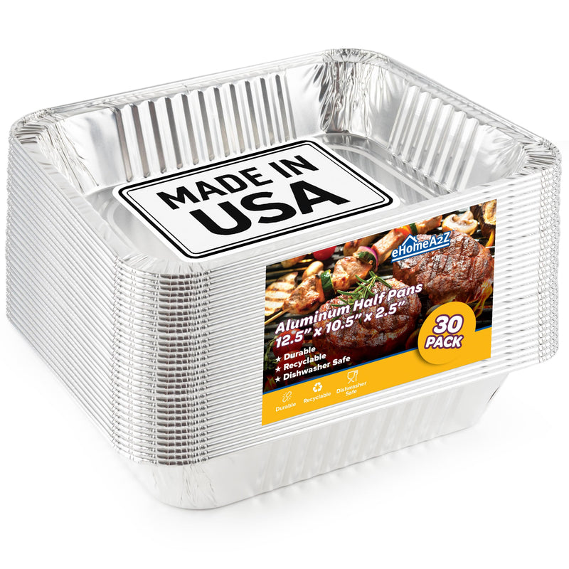 9x13 Disposable Aluminum Pans (30 Pack) – Made in USA Half Size Steam Table Pans, 13x9 Foil Baking Trays for Lasagna, Casseroles, Catering, Parties, BBQ, Crawfish Trays