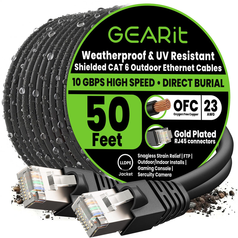 GEARit Cat6 Outdoor Ethernet Cable (50ft) 23AWG Pure Copper, FTP, LLDPE, Waterproof, Direct Burial, In-Ground, UV Resistant, POE, Network, LAN, Internet, Cat 6, Cat6 Cable - 50 Feet Black 50 Feet - Standard Cable