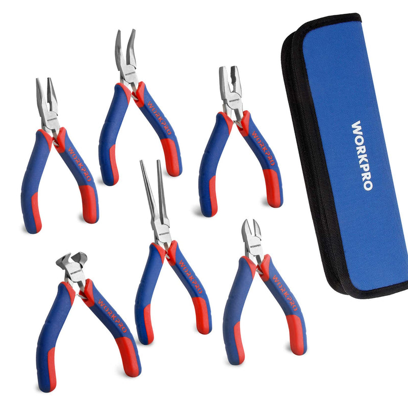 WORKPRO 6-piece Mini Pliers Set - Needle Nose, Diagonal, Long Nose, Bent Nose, End Cutting and Linesman, for Making Crafts, Repairing Electronic Devices, with Pouch Blue