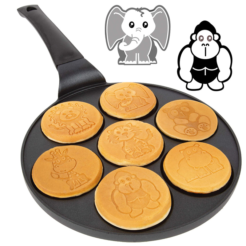 Animal Mini Pancake Pan- Make 7 Unique Flapjack Zoo Breakfast Friends | Includes Elephant, Giraffe, Lion, Tiger, Panda Gorilla & Hippo- Nonstick Pan Cake Maker Griddle for Morning Fun, Easy Cleanup